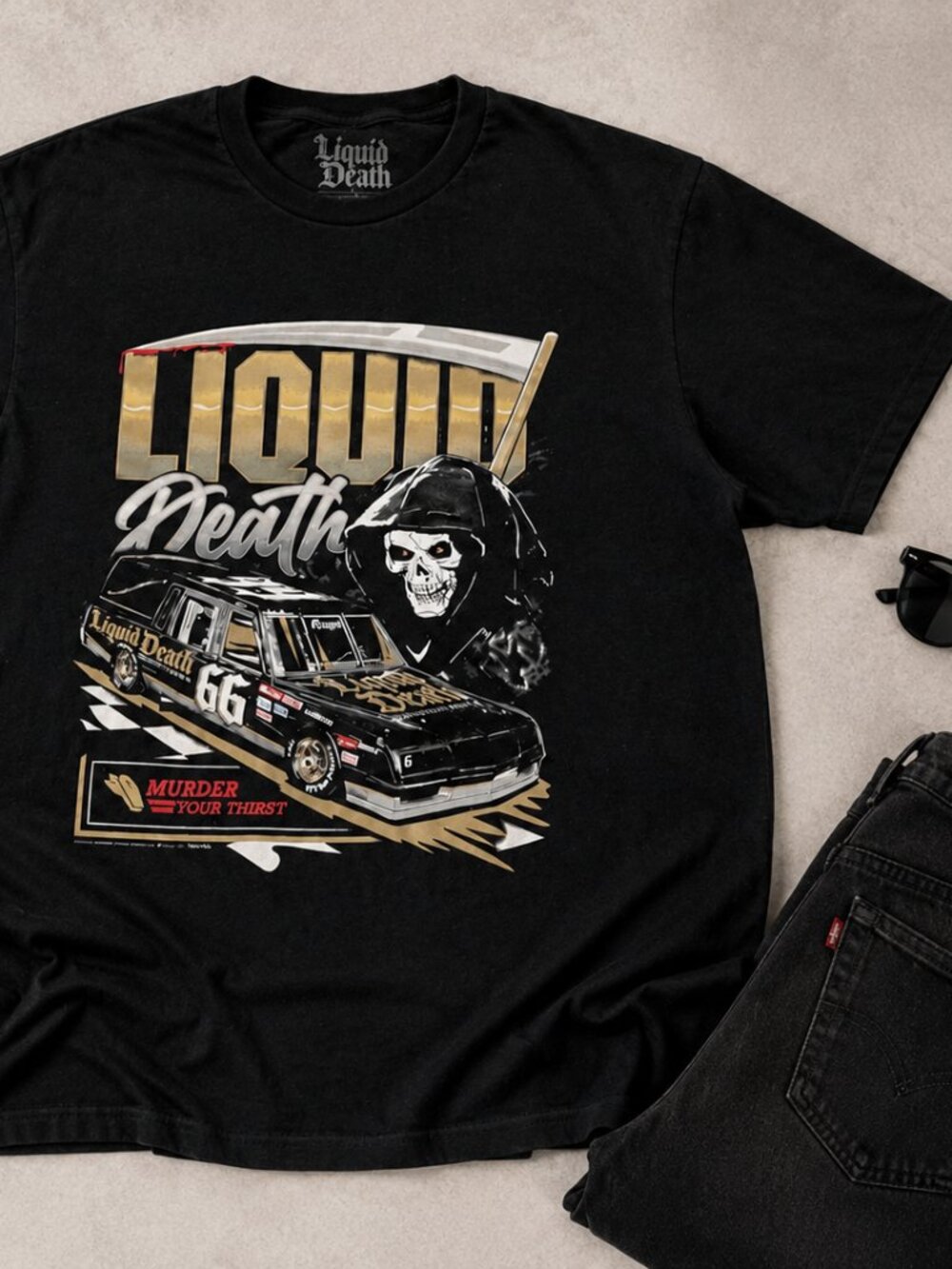 Liquid Death Black Graphic Racing Tee